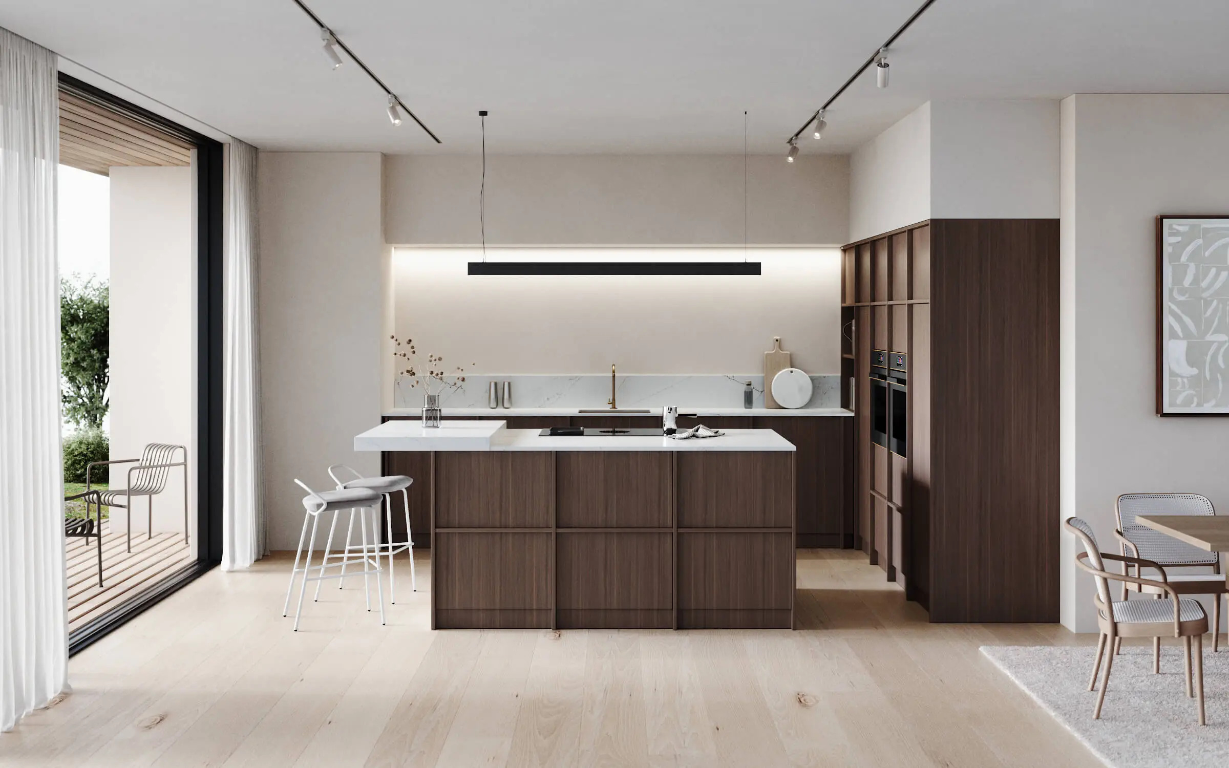 Photorealistic 3D rendering of a modern kitchen design with white cabinets and island