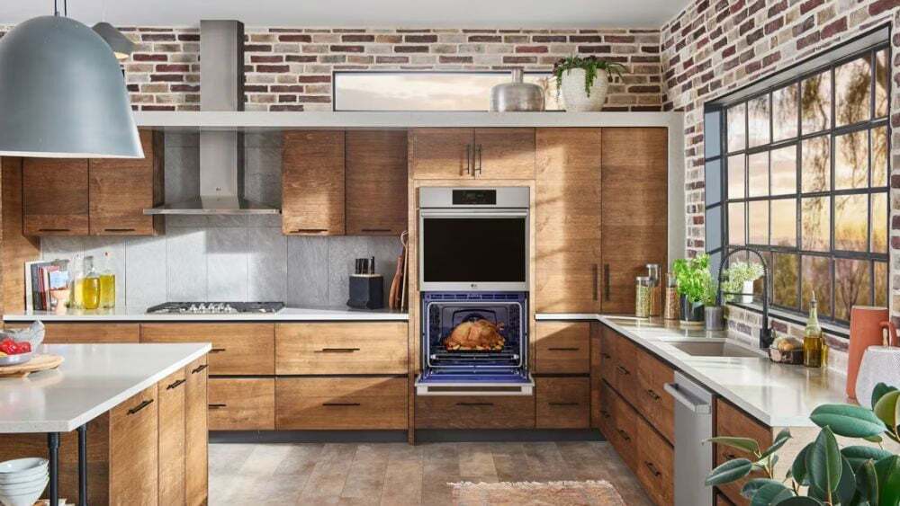 Built-in wall oven installed flush with surrounding kitchen cabinetry