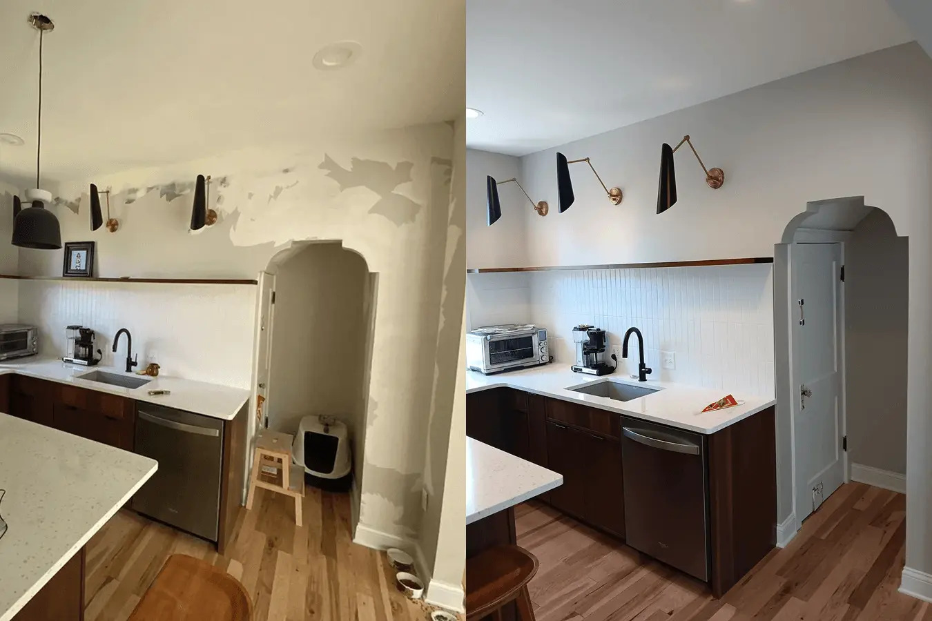 Drywall being installed and finished in a kitchen during a renovation project