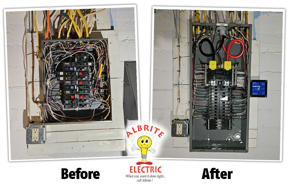Electrical breaker panel being serviced and upgraded for increased kitchen capacity