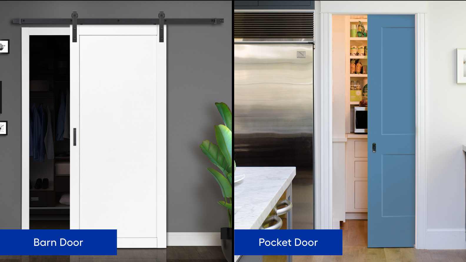 Sliding barn door installed near a kitchen area for improved traffic flow