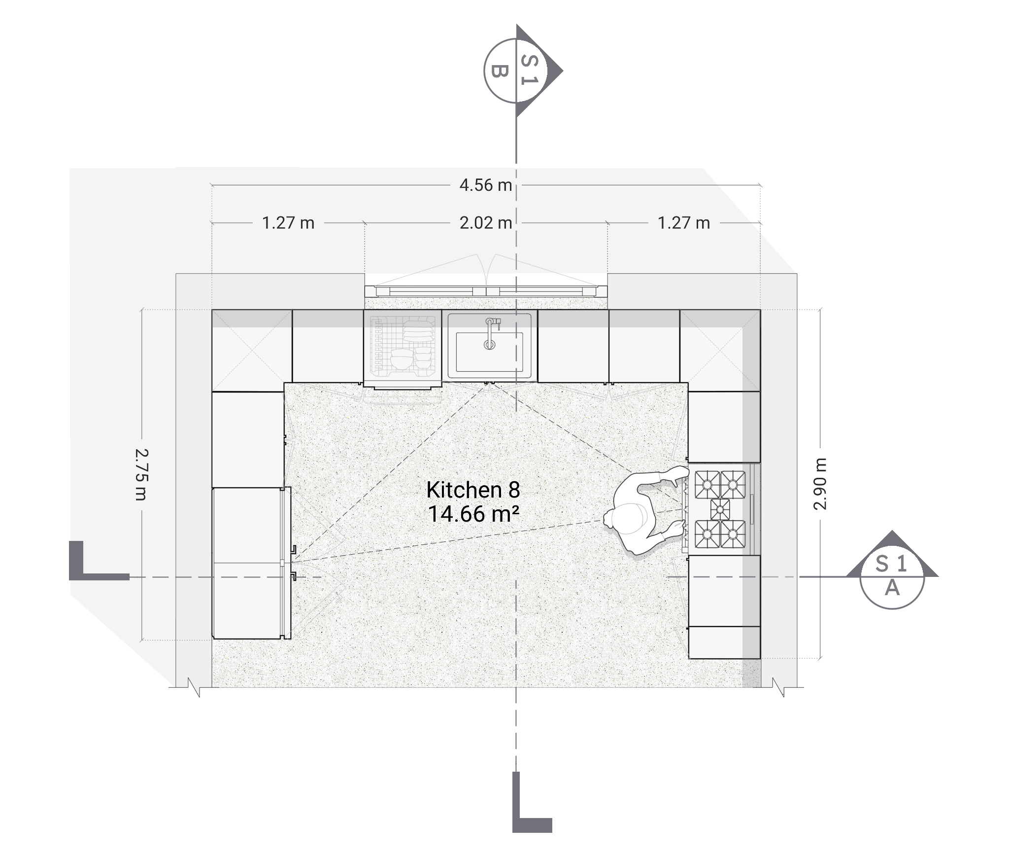 Overhead view of a kitchen floor plan layout with cabinets and appliances arranged for optimal workflow