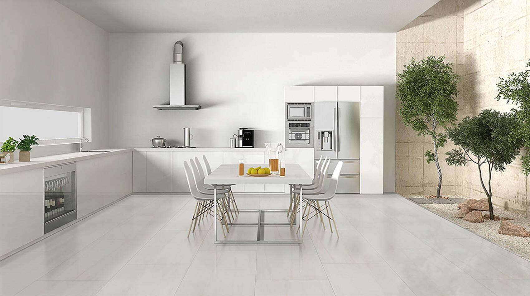Beautiful porcelain tile floor in a modern kitchen with clean geometric patterns
