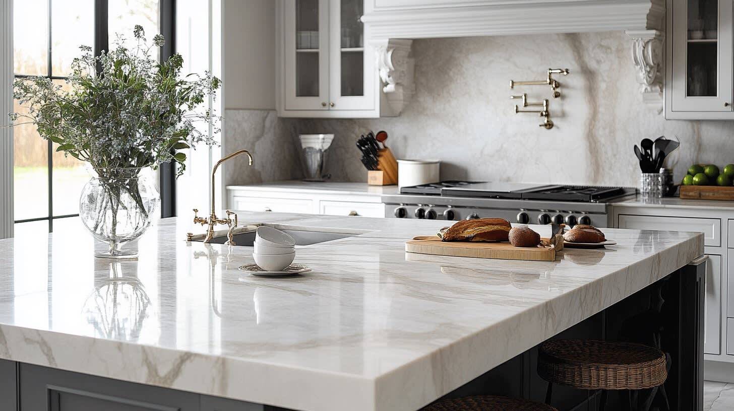 Elegant marble countertop with distinctive grey veining in a luxury kitchen